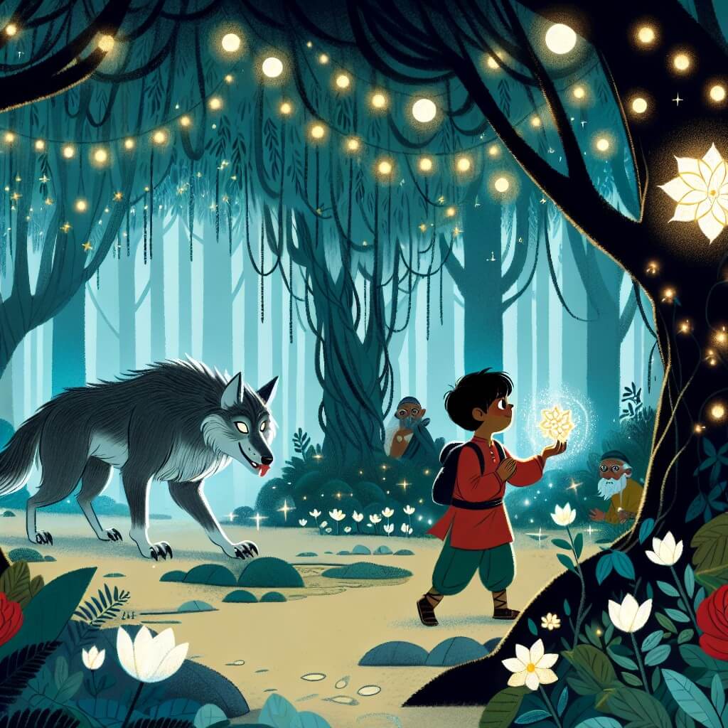 Une illustration destinée aux enfants représentant un loup-garou solitaire découvrant une fleur magique dans un mystérieux bosquet enchanté, accompagné d'un jeune garçon intrépide, dans un lieu où les arbres majestueux brillent de mille feux et les fleurs émettent une douce lueur.