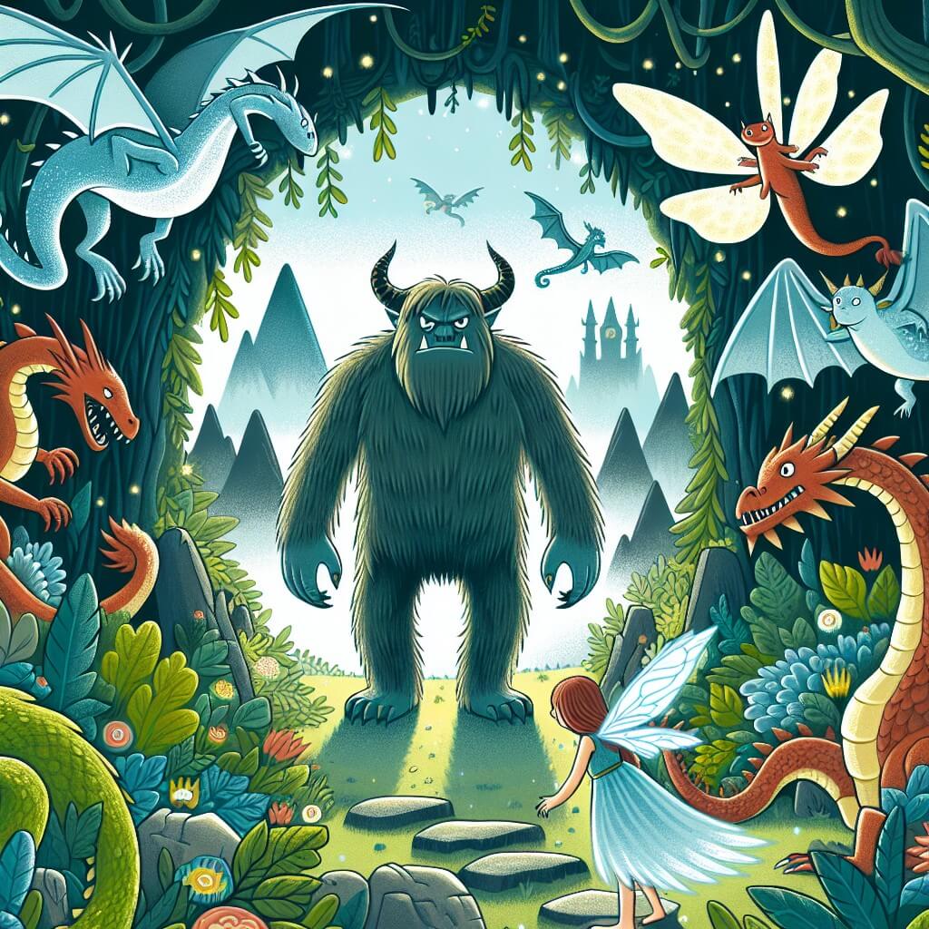 Une illustration destinée aux enfants représentant un monstre courageux, se tenant devant un mystérieux valle de dragons, accompagné d'une fée aux ailes chatoyantes, dans un luxuriant et enchanté bois rempli de créatures magiques.