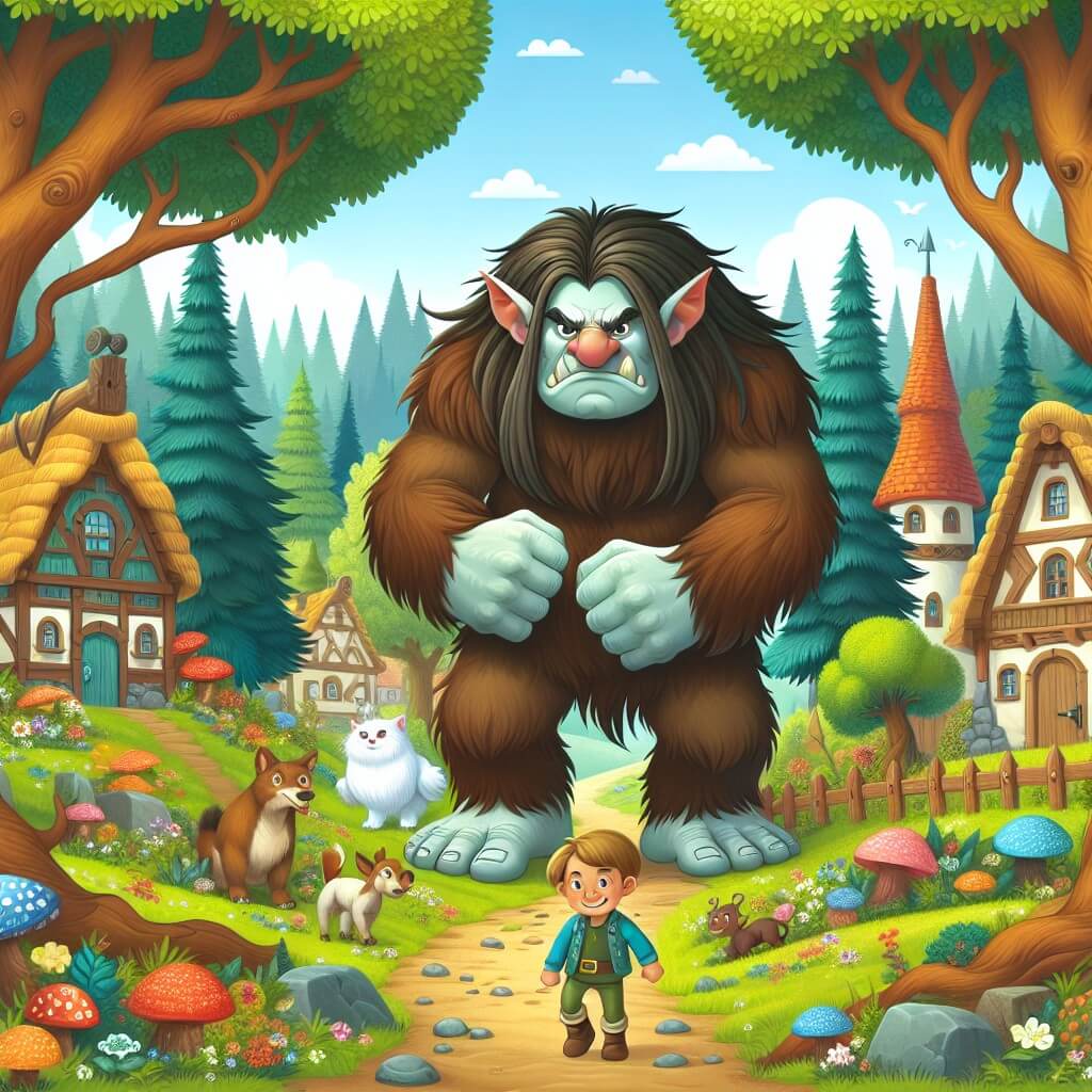 Une illustration destinée aux enfants représentant un troll imposant et en colère, accompagné d'un courageux enfant, se déroulant dans un village pittoresque entouré d'un bois enchanté rempli d'arbres majestueux, de fleurs colorées et d'animaux curieux.