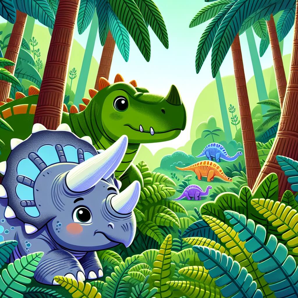Une illustration destinée aux enfants représentant un adorable tricératops curieux et courageux, se liant d'amitié avec un ankylosaure perdu, alors qu'ils explorent ensemble un luxuriant bois de fougères géantes, peuplé de dinosaures colorés et majestueux.