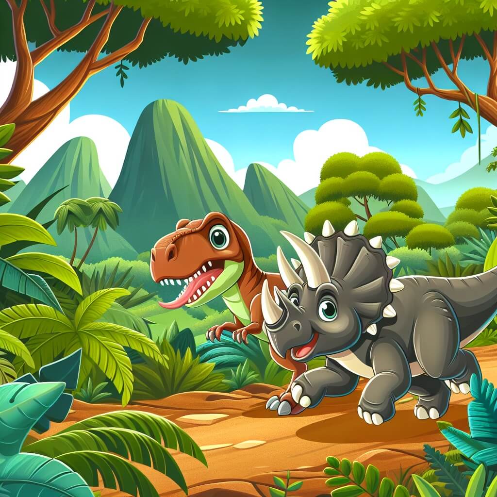 Une illustration destinée aux enfants représentant un vélociraptor intrépide explorant une jungle luxuriante, accompagné d'un adorable tricératops, dans une aventure palpitante à l'époque des dinosaures.