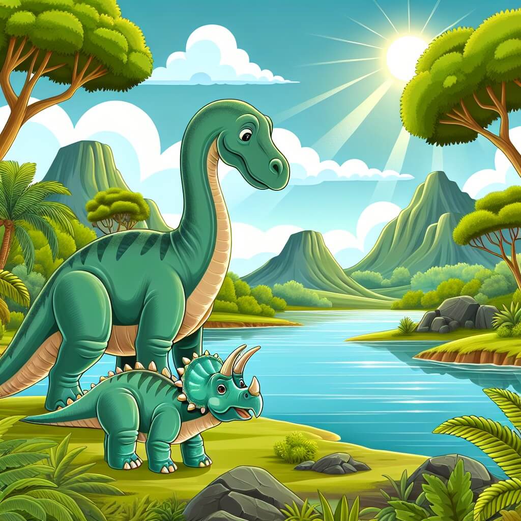 Une illustration destinée aux enfants représentant un majestueux diplodocus se tenant au bord d'un paisible lac entouré de luxuriante végétation, avec un jeune tricératops à ses côtés, dans la vallée enchantée des dinosaures.