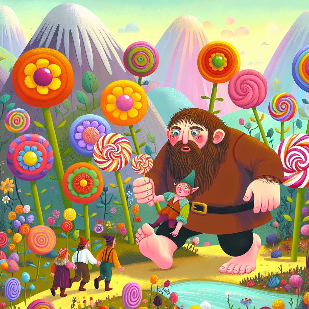 Une illustration destinée aux enfants représentant un géant maladroit et rigolo qui se lance dans une aventure pour sauver ses amis géants capturés, dans un vallée magique remplie de fleurs géantes aux couleurs éclatantes et d'arbres aux branches en forme de bonbons.