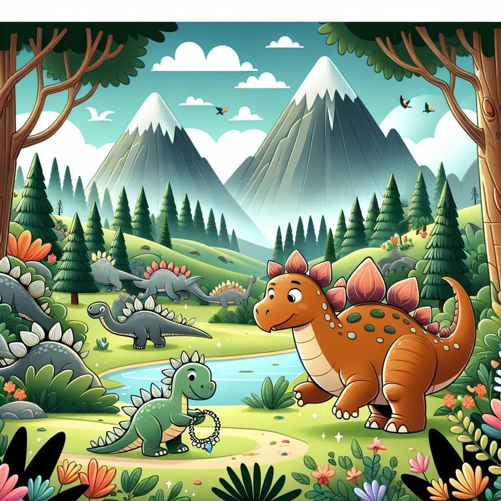 Une illustration destinée aux enfants représentant un stégosaure curieux et bienveillant, découvrant un mystérieux collier et explorant un magnifique valle enchanté peuplé de dinosaures de toutes tailles et couleurs, entouré de montagnes majestueuses, d'arbres géants et de fleurs éclatantes.