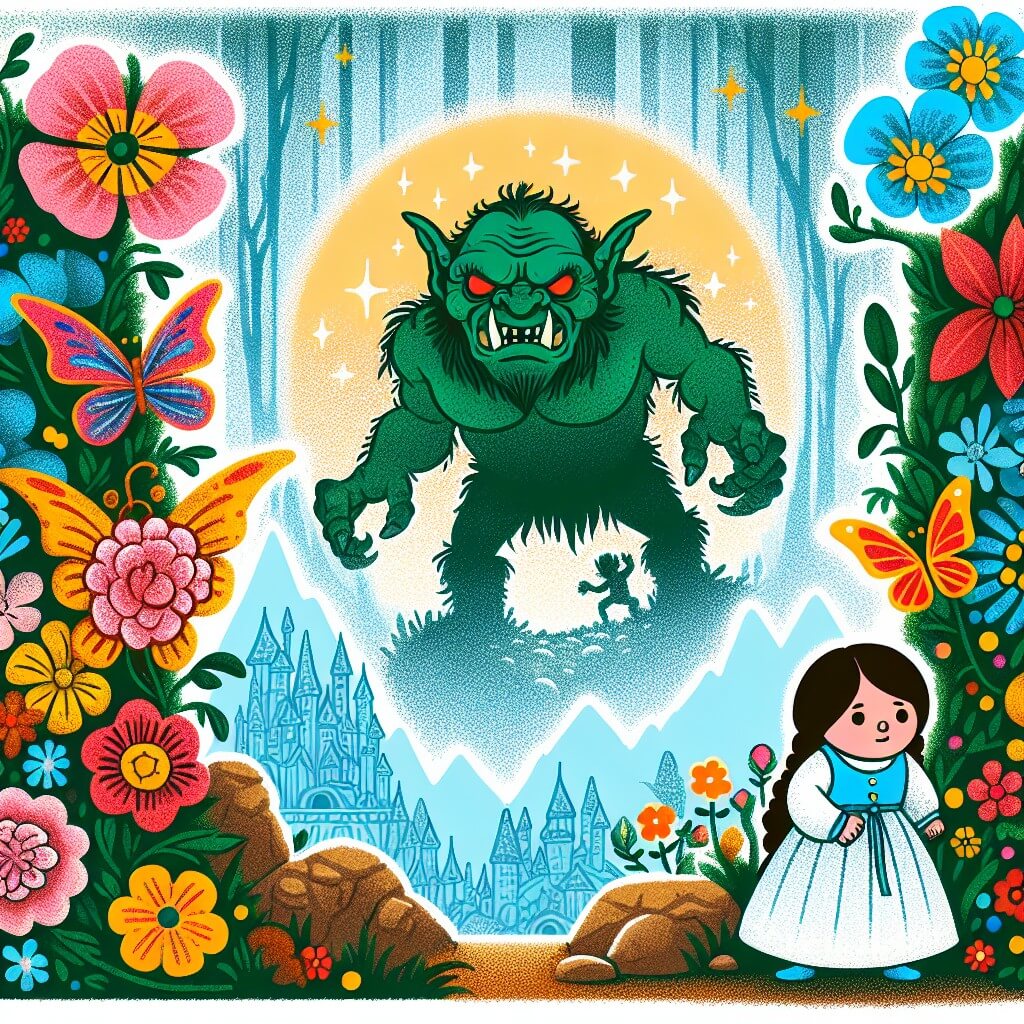 Une illustration destinée aux enfants représentant un ogre effrayant, une petite fille courageuse, une vallée enchantée remplie de fleurs colorées et de papillons éblouissants.