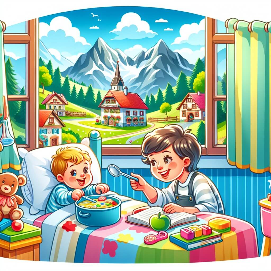 Une illustration destinée aux enfants représentant un petit garçon souriant, allongé dans son lit, entouré de jouets et de livres colorés, tandis que sa maman lui prépare une délicieuse soupe dans une cuisine chaleureuse et lumineuse, pendant que dehors, les montagnes majestueuses et les arbres verdoyants du petit village se dressent fièrement.
