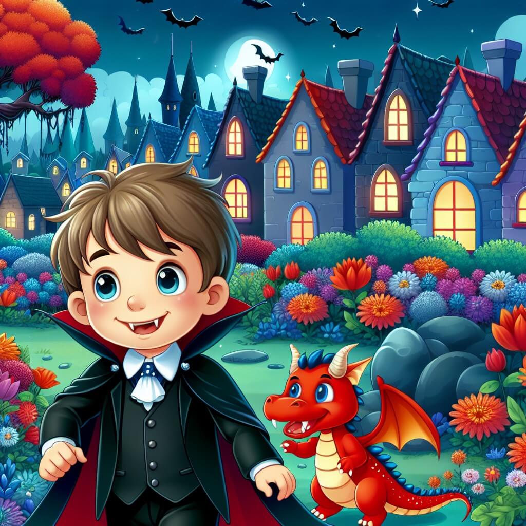 Une illustration destinée aux enfants représentant un vampire amical et souriant, explorant un sombre et mystérieux bosquet enchanté, accompagné d'un petit dragon rouge vif, dans un village pittoresque rempli de maisons colorées et de fleurs éclatantes.