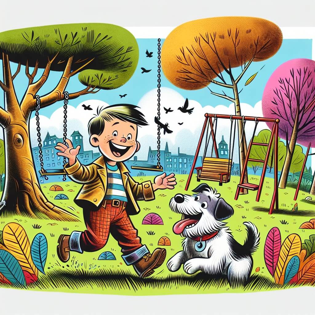 Une illustration destinée aux enfants représentant un petit garçon malicieux, se retrouvant dans une situation hilarante avec son meilleur ami, un chien espiègle, dans un parc rempli d'arbres colorés, de balançoires qui volent haut dans le ciel et d'herbe qui chatouille les pieds.