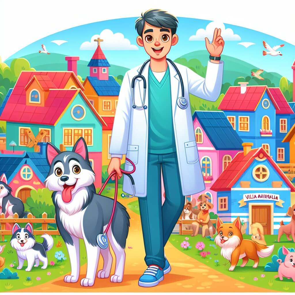 Une illustration destinée aux enfants représentant un jeune vétérinaire enthousiaste, accompagné de son fidèle compagnon canin, dans un village pittoresque rempli d'animaux joyeux et colorés appelé Villa Animalia.