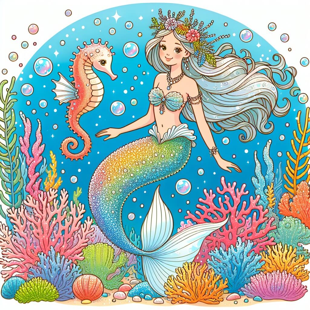 Une illustration destinée aux enfants représentant une élégante sirène nageant gracieusement parmi les coraux chatoyants, accompagnée d'un joyeux hippocampe dans un royaume sous-marin scintillant de mille couleurs.