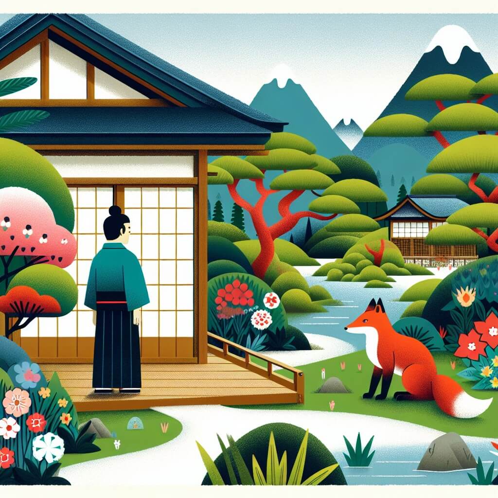 Une illustration destinée aux enfants représentant un homme solitaire, vivant dans une petite maison en bois entourée d'un magnifique jardin, dans les montagnes du Japon, où il fera la rencontre d'un mystérieux zorro rouge.