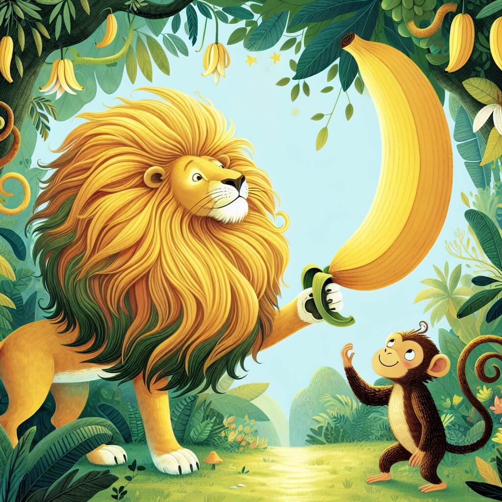 Une illustration destinée aux enfants représentant un magnifique lion au pelage doré, cherchant l'aventure dans une jungle luxuriante, accompagné d'un espiègle singe, à la recherche de la plus grande et délicieuse banane de l'arbre magique.