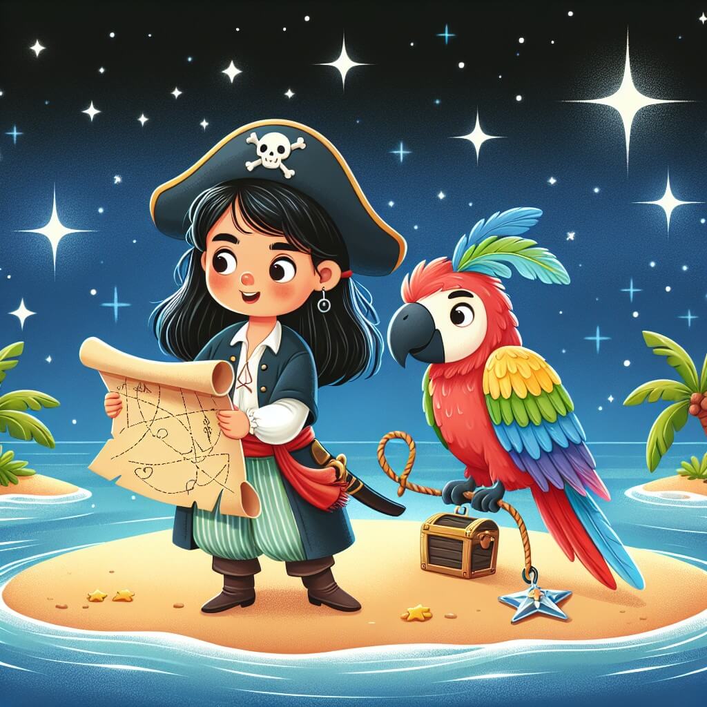 Une illustration destinée aux enfants représentant une femme pirate courageuse, avec des cheveux noirs comme la nuit, qui découvre un vieux parchemin au trésor sur une île déserte, accompagnée de son perroquet coloré, dans un océan scintillant sous un ciel étoilé.