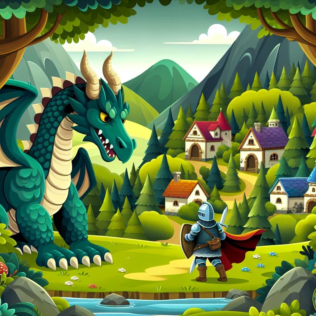 Une illustration destinée aux enfants représentant un majestueux dragon, perdu dans une sombre forêt enchantée, faisant la rencontre d'un courageux chevalier dans un village pittoresque entouré de collines verdoyantes et de maisons aux toits colorés.