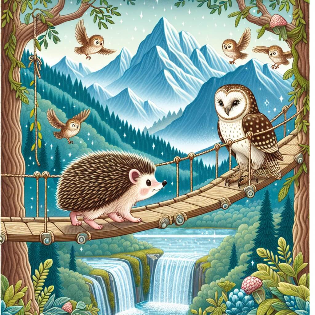 Une illustration destinée aux enfants représentant un hérisson curieux et courageux qui se lance dans une quête pour trouver la clé du mystérieux bosquet enchanté, accompagné d'une sage lechuza et traversant un pont suspendu au-dessus d'une cascade scintillante, dans un paysage de montagnes majestueuses et de végétation luxuriante.