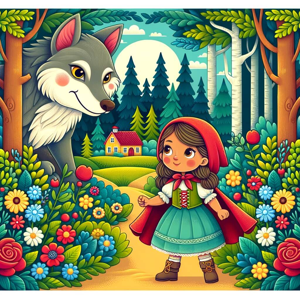 Une illustration destinée aux enfants représentant une niña pequeña courageuse, faisant face à un gran lobo malo, dans un magnifique bosque avec des arbres touffus, des fleurs colorées et une petite granja au loin.