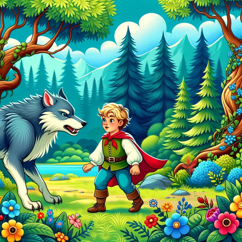 Une illustration destinée aux enfants représentant un niño pequeño courageux, une rencontre avec un loup féroce, un loup amical et un magnifique bosque encantado avec des arbres majestueux, des fleurs colorées et une petite clairière.