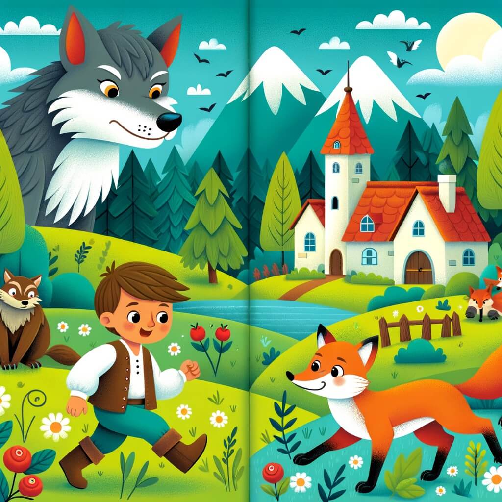 Une illustration destinée aux enfants représentant un niño pequeño courageux, une rencontre avec un gran lobo malo, un zorro astuto et un paisible village entouré de prados y bosques.