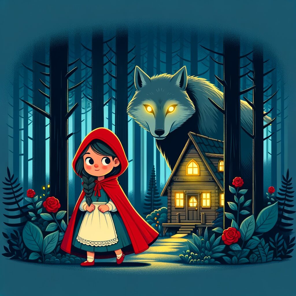 Une illustration destinée aux enfants représentant une niña pequeña vêtue d'une belle cape rouge, se tenant devant une maison en bois perdue au milieu d'un dense et mystérieux bosque, tandis qu'un grand lobo gris, aux yeux jaunes brillants, se faufile entre les arbres.