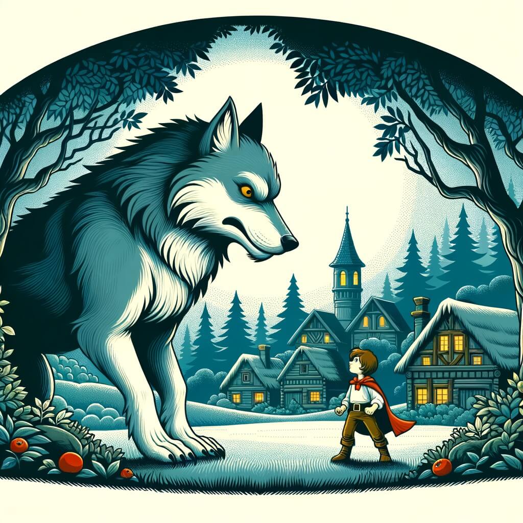 Une illustration destinée aux enfants représentant un petit enfant courageux, se tenant debout devant un grand loup féroce, dans un village pittoresque entouré d'un dense et mystérieux bosquet.