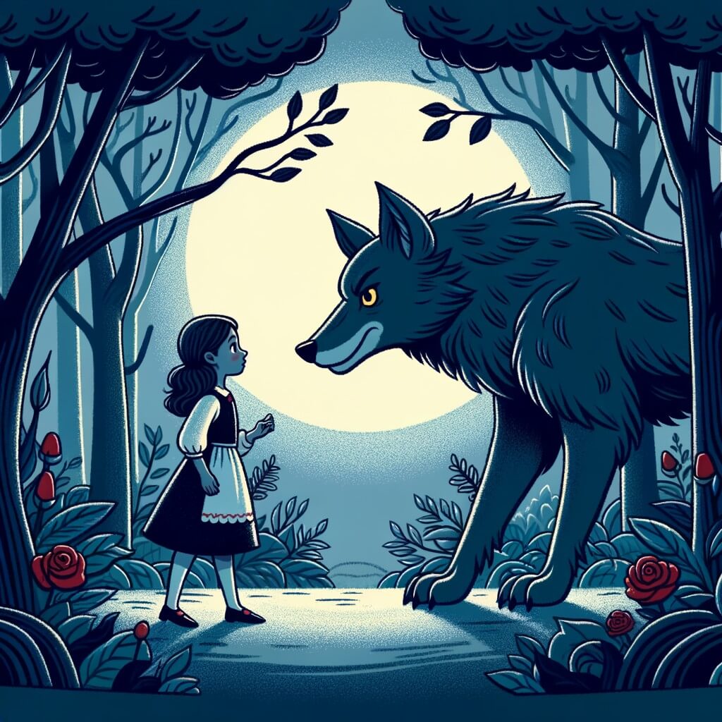 Une illustration destinée aux enfants représentant une niña pequeña courageuse et curieuse, confrontée à un gran lobo malo dans un sombre et mystérieux bosque.