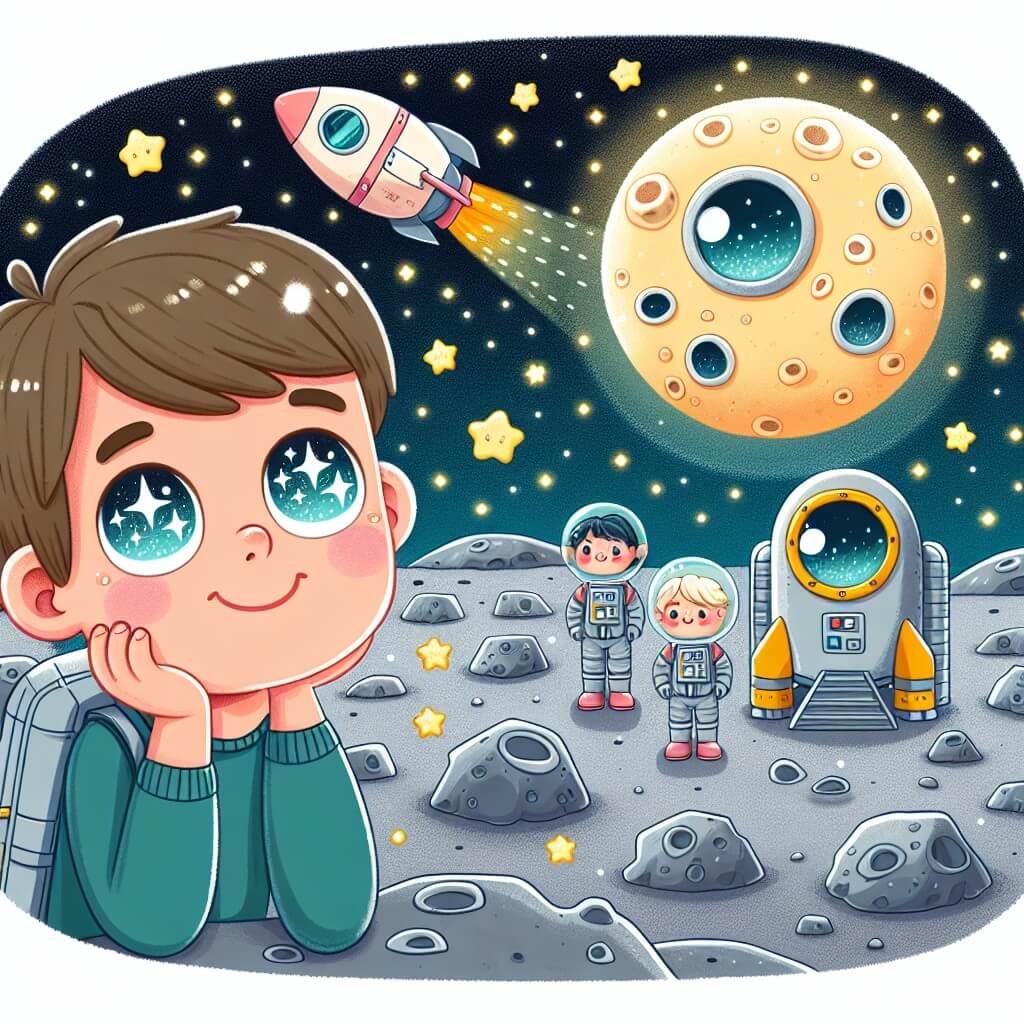Une illustration destinée aux enfants représentant un homme rêveur, les yeux brillants d'étoiles, qui se prépare à embarquer dans une fusée spatiale avec son équipe, entouré d'un paysage lunaire parsemé de cratères et d'astéroïdes scintillants.