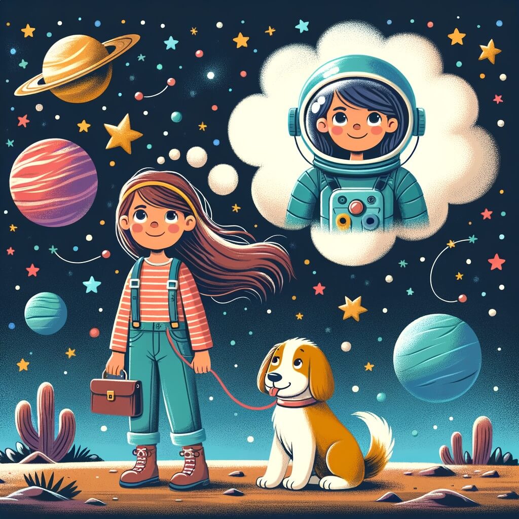 Une illustration destinée aux enfants représentant une jeune femme intrépide, rêvant de devenir astronaute, accompagnée de son fidèle chien, explorant les mystères de l'espace, avec un ciel étoilé parsemé de planètes colorées en arrière-plan.