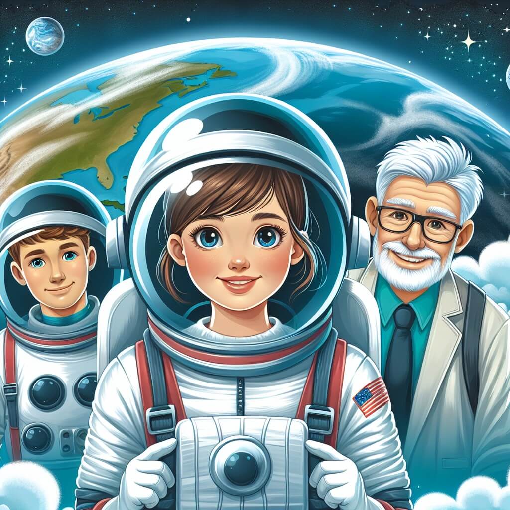 Une illustration destinée aux enfants représentant une jeune femme astronaute souriante, flottant dans l'espace avec une combinaison brillante, accompagnée d'un astronaute retraité et de deux autres compagnons, devant une vue spectaculaire de la Terre, avec ses océans bleus, ses montagnes majestueuses et ses nuages blancs cotonneux.