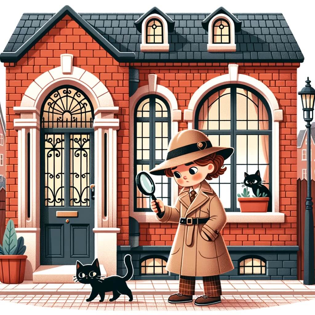 Une illustration destinée aux enfants représentant une femme détective, vêtue d'un imperméable beige et d'un chapeau à larges bords, debout devant une vieille maison en briques rouges avec des fenêtres ornées de grilles en fer forgé, tenant une loupe et observant un chat noir qui se faufile par une porte entrouverte, dans une rue étroite pavée de la ville animée de Mysterville.