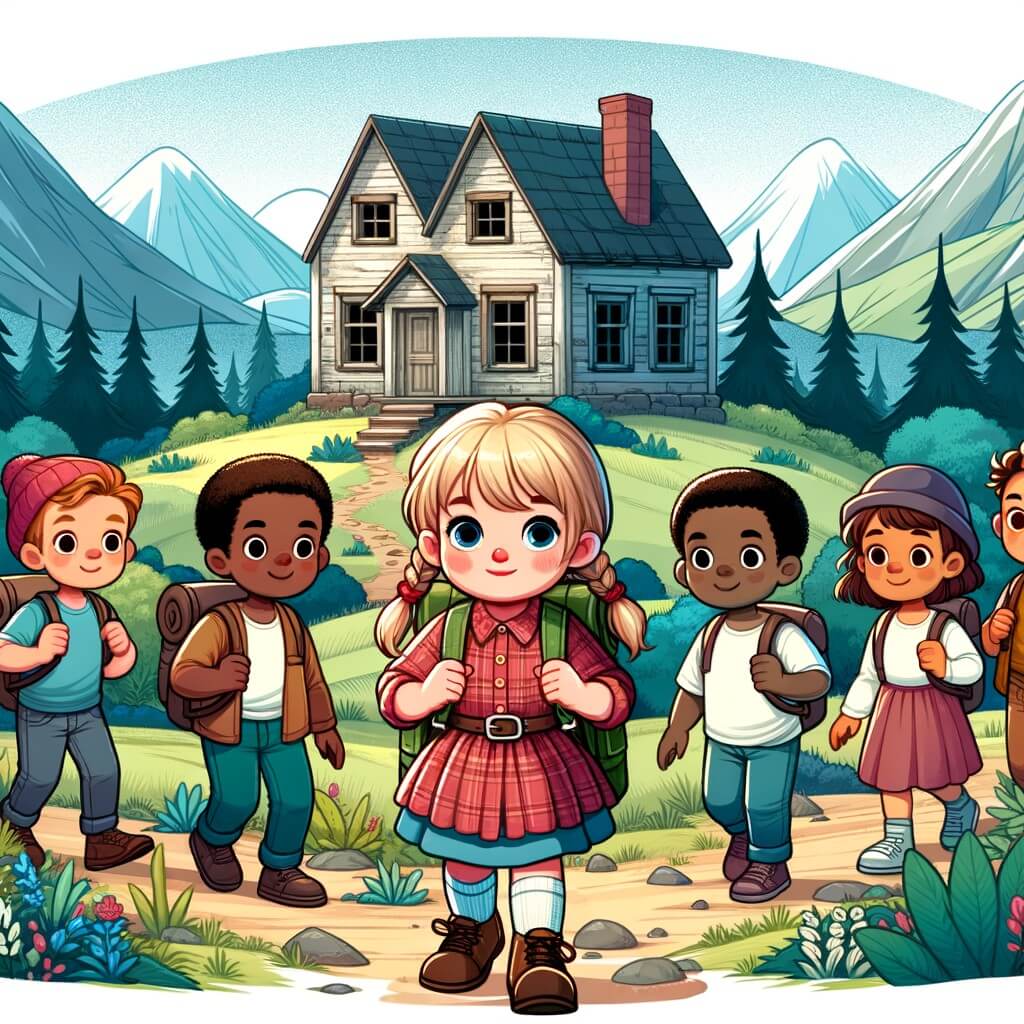 Une illustration destinée aux enfants représentant une petite fille curieuse, accompagnée de ses amis, explorant une mystérieuse maison abandonnée entourée de montagnes et de bosquets, dans un petit village pittoresque.