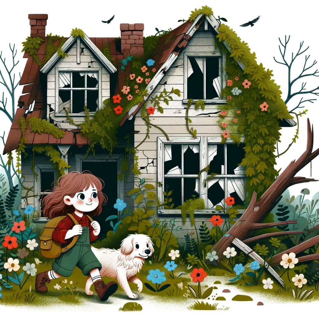 Une illustration destinée aux enfants représentant une petite fille intrépide, accompagnée d'un chien fidèle, explorant une maison abandonnée envahie par la nature, avec des fenêtres cassées, des lianes grimpantes et des fleurs sauvages qui poussent à travers les fissures des murs décrépits.