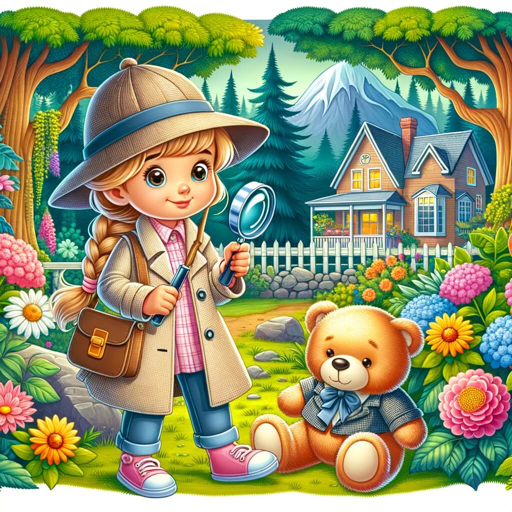 Une illustration destinée aux enfants représentant une petite fille détective, avec son chapeau de détective et sa loupe, enquêtant sur la mystérieuse disparition de son ours en peluche bien-aimé, avec l'aide de son frère aîné, dans un jardin coloré rempli de fleurs et d'arbres majestueux.