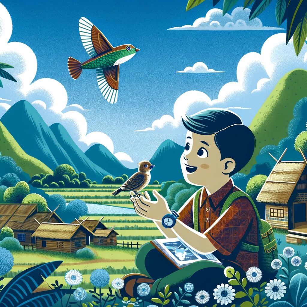 Une illustration destinée aux enfants représentant un jeune homme passionné par les avions, qui rencontre un oiseau blessé lors de son premier vol, dans le ciel bleu parsemé de nuages du petit village où il vit, entouré de montagnes verdoyantes et d'une nature luxuriante.