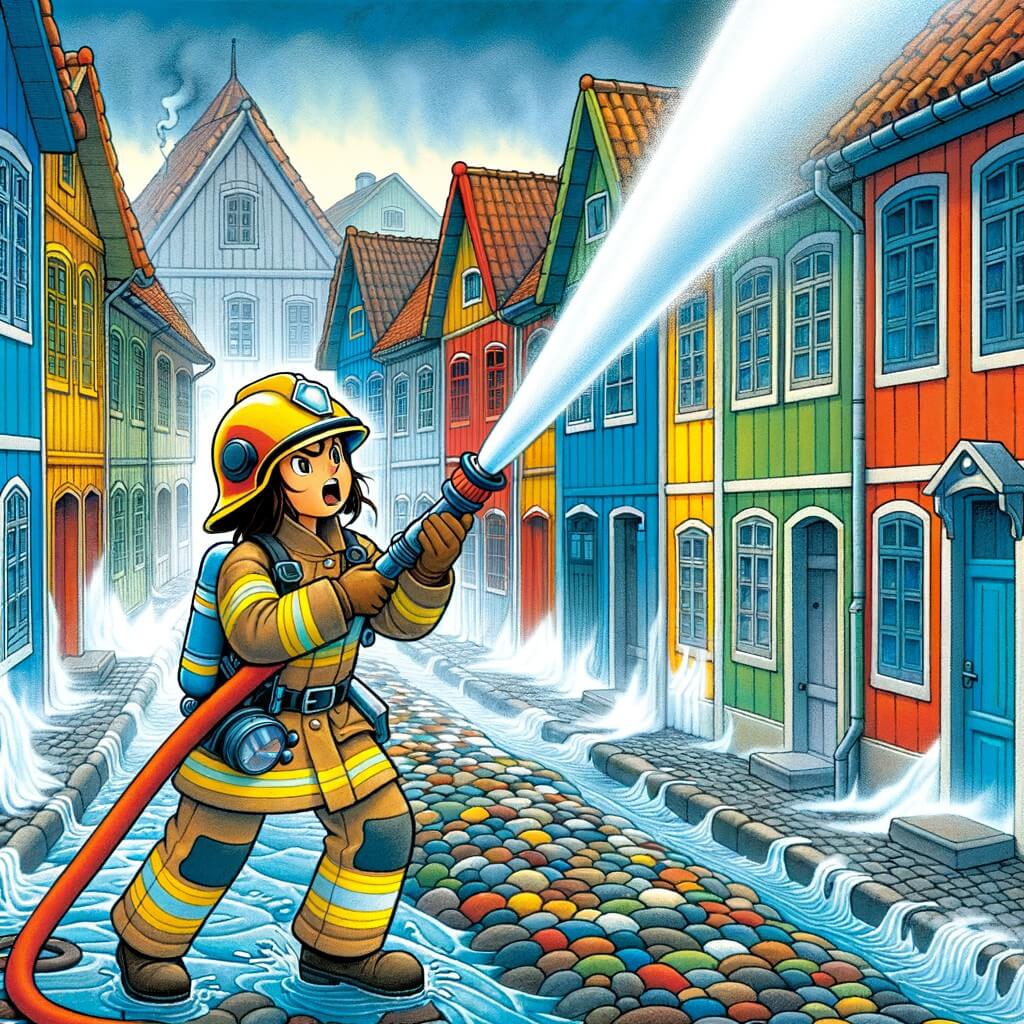Une illustration destinée aux enfants représentant une femme pompier courageuse, avec son casque étincelant, éteignant un incendie dans une petite ville colorée remplie de maisons en bois et de rues pavées.