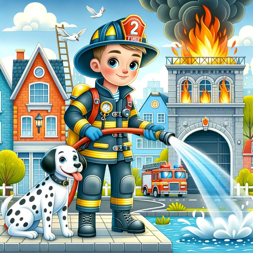 Une illustration destinée aux enfants représentant un courageux pompier, vêtu de sa combinaison ignifugée, en train d'éteindre un incendie avec un jet d'eau puissant, accompagné d'un adorable chien dalmatien, dans une ville animée avec des maisons colorées, des rues pavées et une grande caserne de pompiers ornée d'une imposante échelle à escalader.