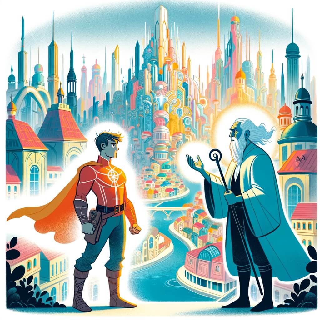 Une illustration destinée aux enfants représentant un homme doté de pouvoirs extraordinaires, affrontant un redoutable ennemi avec l'aide d'un mentor sage, dans la ville futuriste et colorée de Fantópolis.