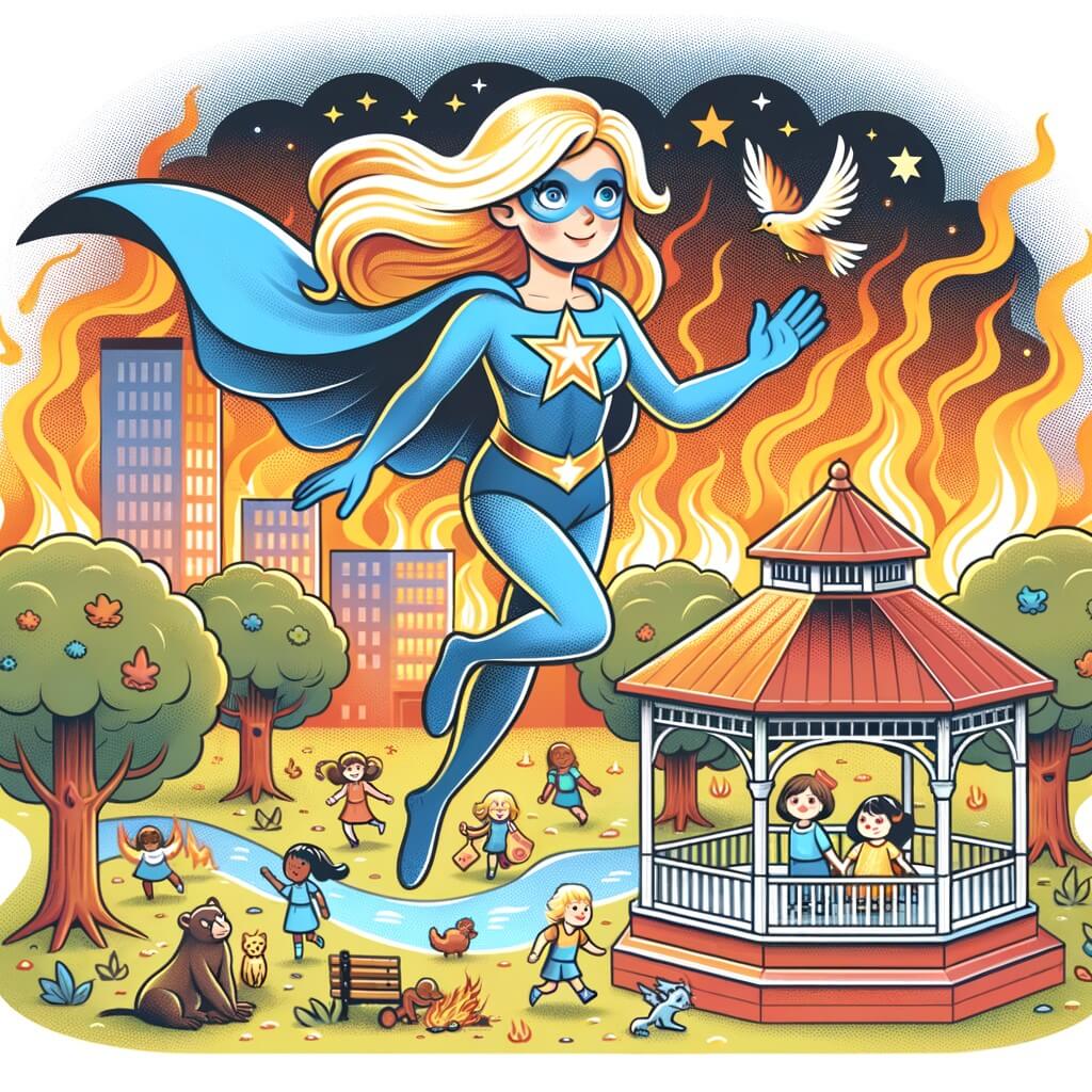 Une illustration destinée aux enfants représentant une femme super-héroïne aux cheveux dorés, vêtue d'un costume bleu avec une grande étoile sur le torse, volant dans le ciel au-dessus d'un parc en feu où des enfants et des animaux se réfugient dans un kiosque coloré.