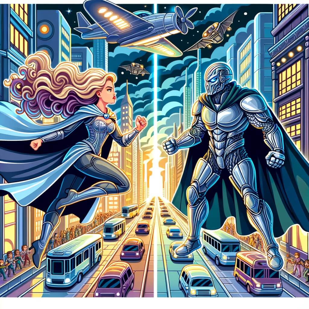 Une illustration destinée aux enfants représentant une femme courageuse aux cheveux flottants, vêtue d'une cape brillante, affrontant un puissant méchant dans une ville futuriste aux rues illuminées par des lumières de néon et des véhicules volants.