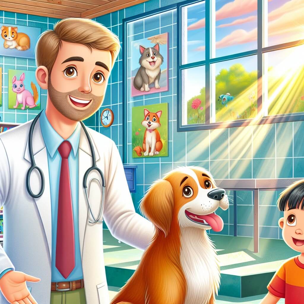 Une illustration destinée aux enfants représentant un homme passionné des animaux, se retrouvant dans une clinique vétérinaire colorée, aux murs décorés de dessins d'animaux souriants, accompagné d'un jeune enfant et d'un adorable chien boiteux, tous deux remplis d'espoir, tandis que le soleil brille à travers les grandes fenêtres, illuminant la pièce de sa lueur chaleureuse.