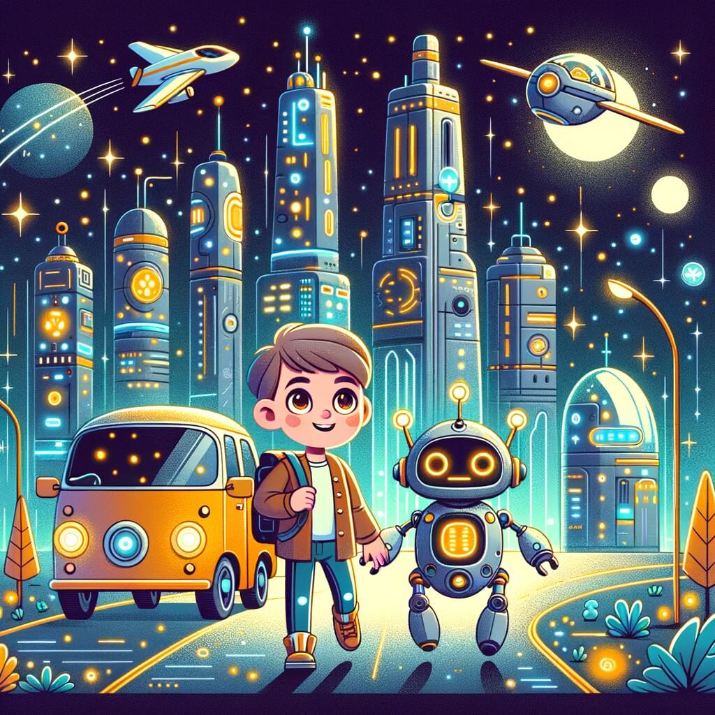 Une illustration destinée aux enfants représentant un petit garçon curieux et aventurier, accompagné d'un robot futuriste, explorant une ville futuriste étincelante avec des rues illuminées, des véhicules volants et des gratte-ciels resplendissants.