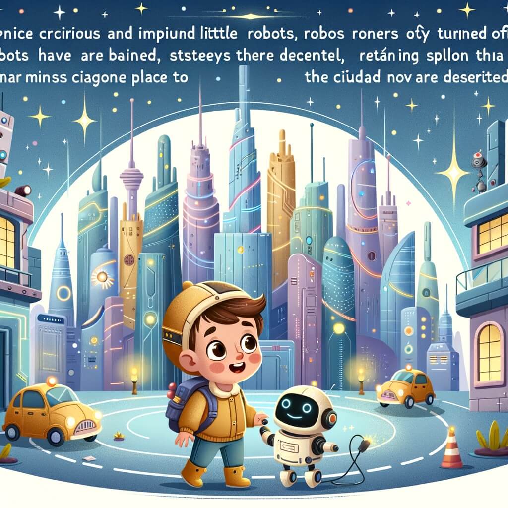 Une illustration destinée aux enfants représentant un petit garçon curieux et intrépide, découvrant une mystérieuse ville futuriste où les robots sont éteints, les couleurs ont disparu et les rues sont désertes, mais avec l'aide de son fidèle ami robot et d'un petit robot endommagé, il parviendra à réparer les circuits principaux de la ville et à ramener la brillance et l'excitation à ce lieu incroyablement magique appelé Ciudad Nova, rempli de gratte-ciel étincelants qui touchent le ciel, de voitures volantes et de robots amicaux.