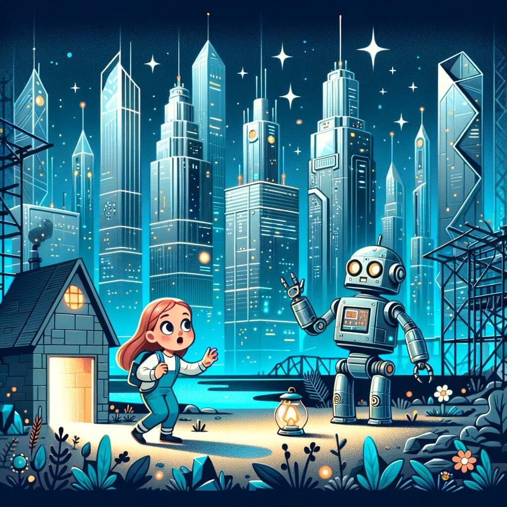 Une illustration destinée aux enfants représentant une petite fille curieuse, vivant dans une ville futuriste entourée de gratte-ciels scintillants, qui découvre un mystérieux robot abandonné lors d'une exploration passionnante.