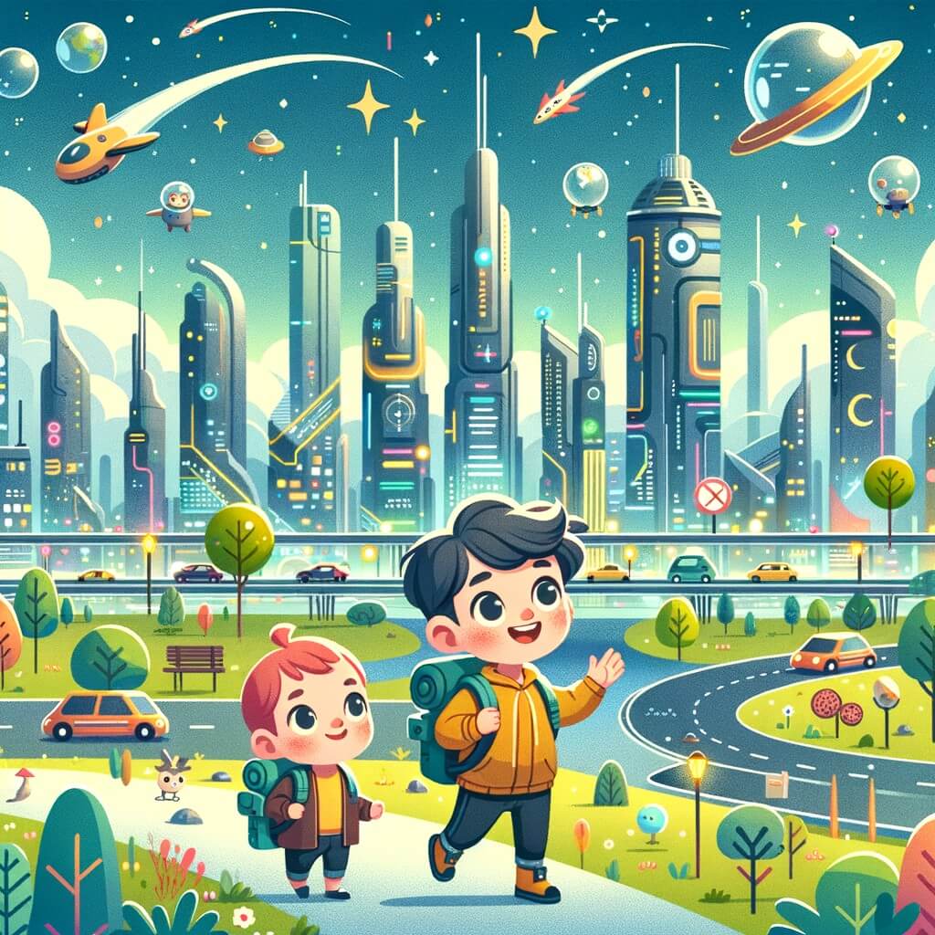 Une illustration destinée aux enfants représentant un petit garçon curieux et aventurier, accompagné d'un ami, explorant une ville futuriste faite de gratte-ciels étincelants, de voitures volantes et de parcs remplis d'arbres flottants, dans le but de protéger l'environnement et de vaincre la pollution.