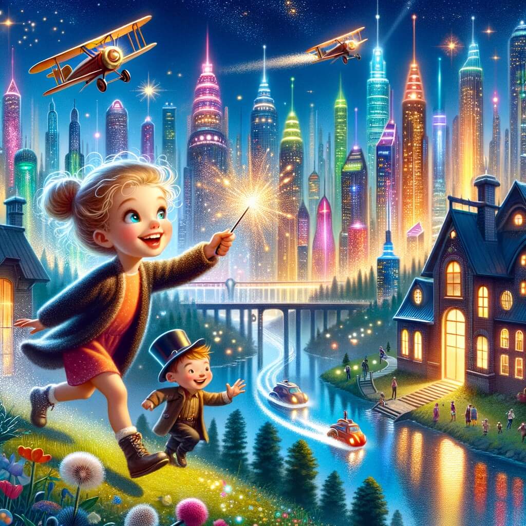 Une illustration destinée aux enfants représentant une petite fille curieuse et inventive, se retrouvant dans une aventure palpitante avec son amie, dans une ville futuriste étincelante de gratte-ciel colorés et de voitures volantes.