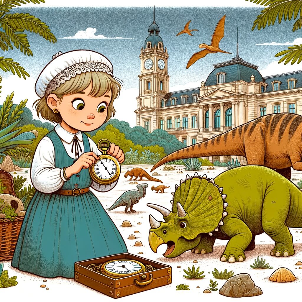 Une illustration destinée aux enfants représentant une petite fille fascinée par les voyages dans le temps, découvrant un mystérieux reloj de bolsillo dans le grenier de sa maison, accompagnée d'un triceratops blessé, dans un paysage préhistorique rempli de dinosaures majestueux et d'une nature luxuriante.