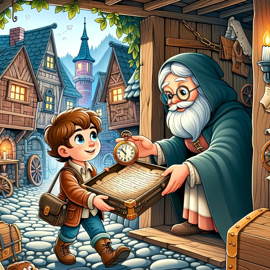 Une illustration destinée aux enfants représentant un petit garçon curieux découvrant un ancien reloj de bolsillo dans le grenier de sa maison, transporté dans un village médiéval avec des rues pavées et des maisons en bois, accompagné d'une sage vieille femme qui lui confie une mission périlleuse pour trouver un pergamino mágico perdu dans le temps.
