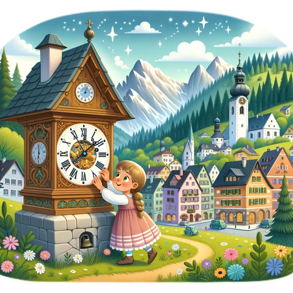 Une illustration destinée aux enfants représentant une petite fille curieuse qui découvre un reloj magique caché à l'intérieur d'un ancien reloj de la plaza d'un pittoresque village entouré de montagnes verdoyantes et de majestueux arbres.