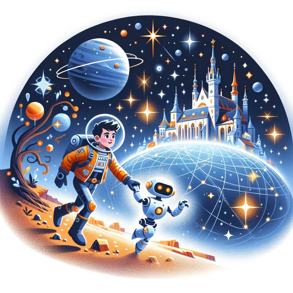 Une illustration destinée aux enfants représentant un jeune astronaute courageux, naviguant à travers les étoiles avec son fidèle compagnon robot Astro, dans un vaisseau spatial scintillant, à la recherche d'un mystérieux planète appelée Mystica, où des secrets anciens et des pouvoirs extraordinaires les attendent.