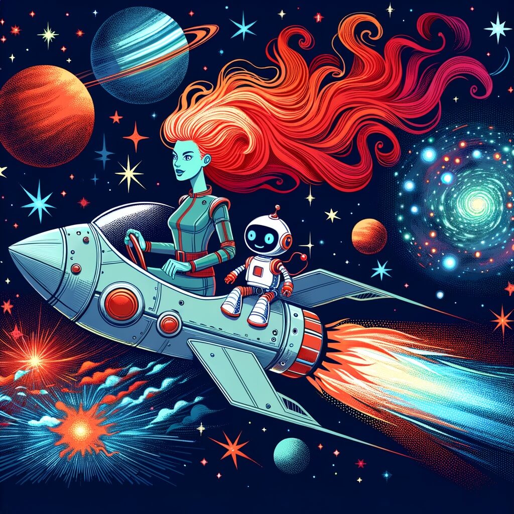 Une illustration destinée aux enfants représentant une femme audacieuse, les cheveux rouges flamboyants, pilotant un vaisseau spatial brillant, accompagnée d'un petit robot amical, explorant les étoiles scintillantes d'un univers infini rempli de planètes colorées et de nébuleuses chatoyantes.
