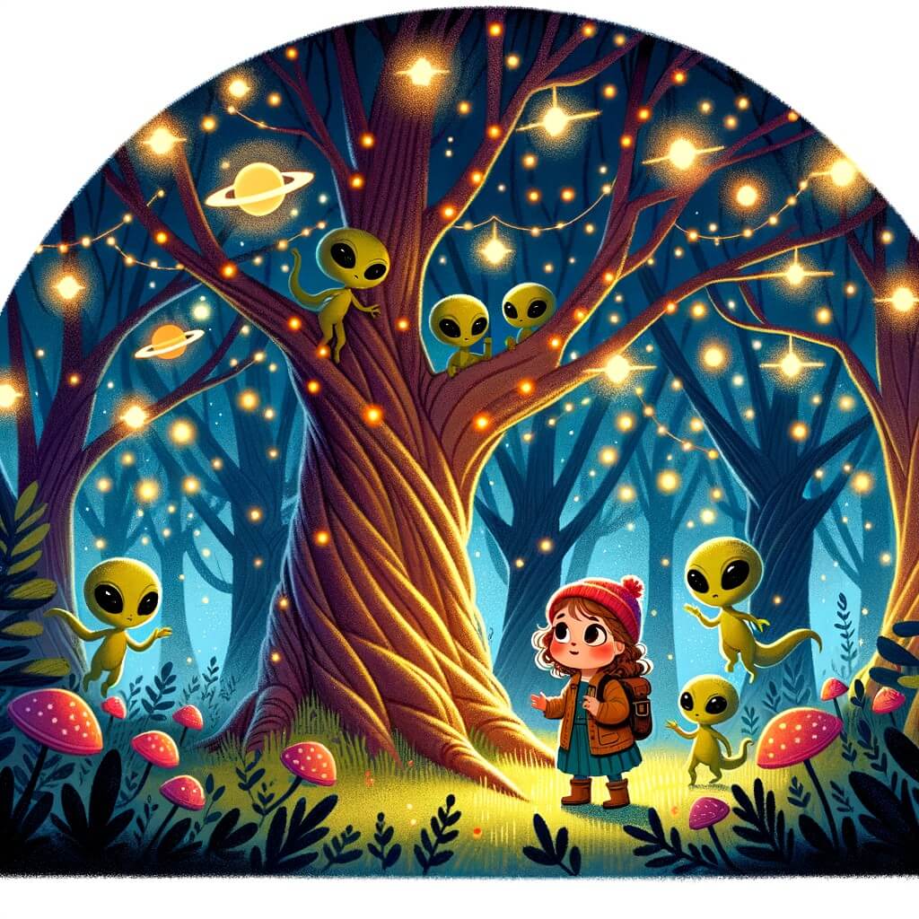 Une illustration destinée aux enfants représentant une petite fille curieuse et intrépide, qui fait la rencontre d'adorables extraterrestres venus d'un lointain système solaire, dans un magnifique bosquet enchanté où les arbres brillent de mille lumières.